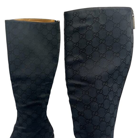 Gucci Vintage Canvas Monogram Block Heels Knee High Boots Black 38.5C US 8.5C - Picture 6 of 14
